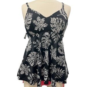 Swim Solutions Empire Waist Tummy Control Spotted Leaf Black Swim Dress Large